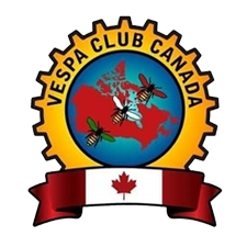 Vespa Club of Canada Logo: A cog with a map of Canada in the center. A hornet (aka Vespa) sits in the middle.  Below the cog is a banner of the Canadian flag 